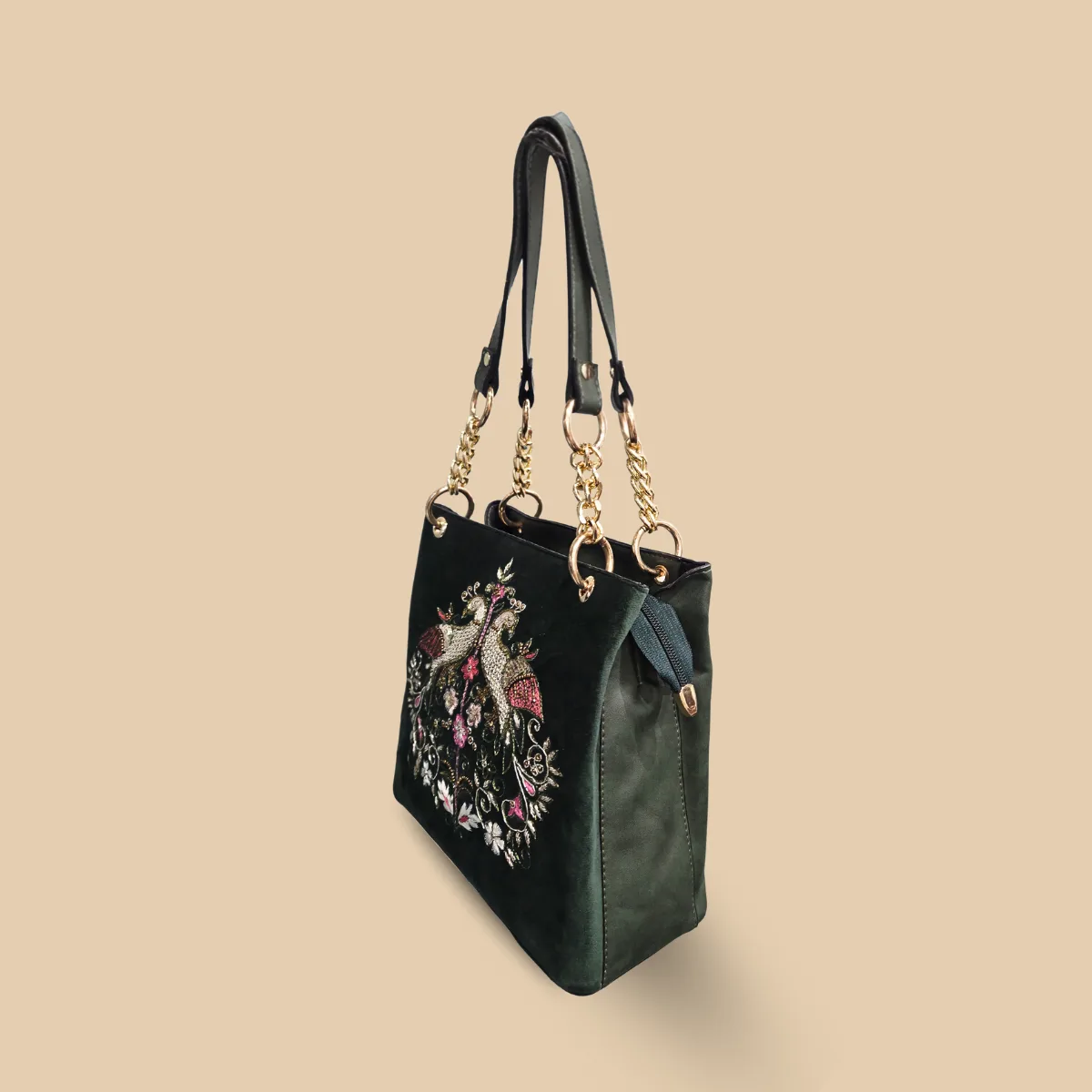 Emerald Green Twin Bird Embroidered Velvet Tote Bag - Image 2