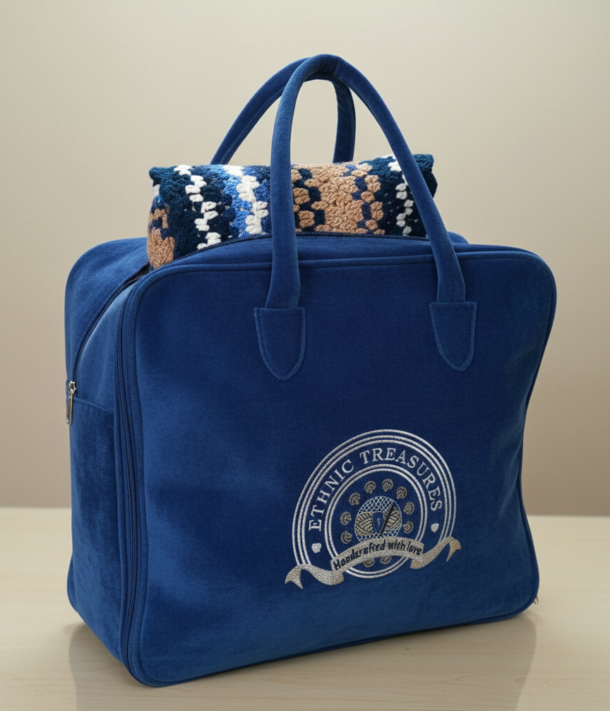 Artisan Hand-Knitted Chevron Crochet Bedspread Set with Matching Pillows - Blue & Beige - Image 5