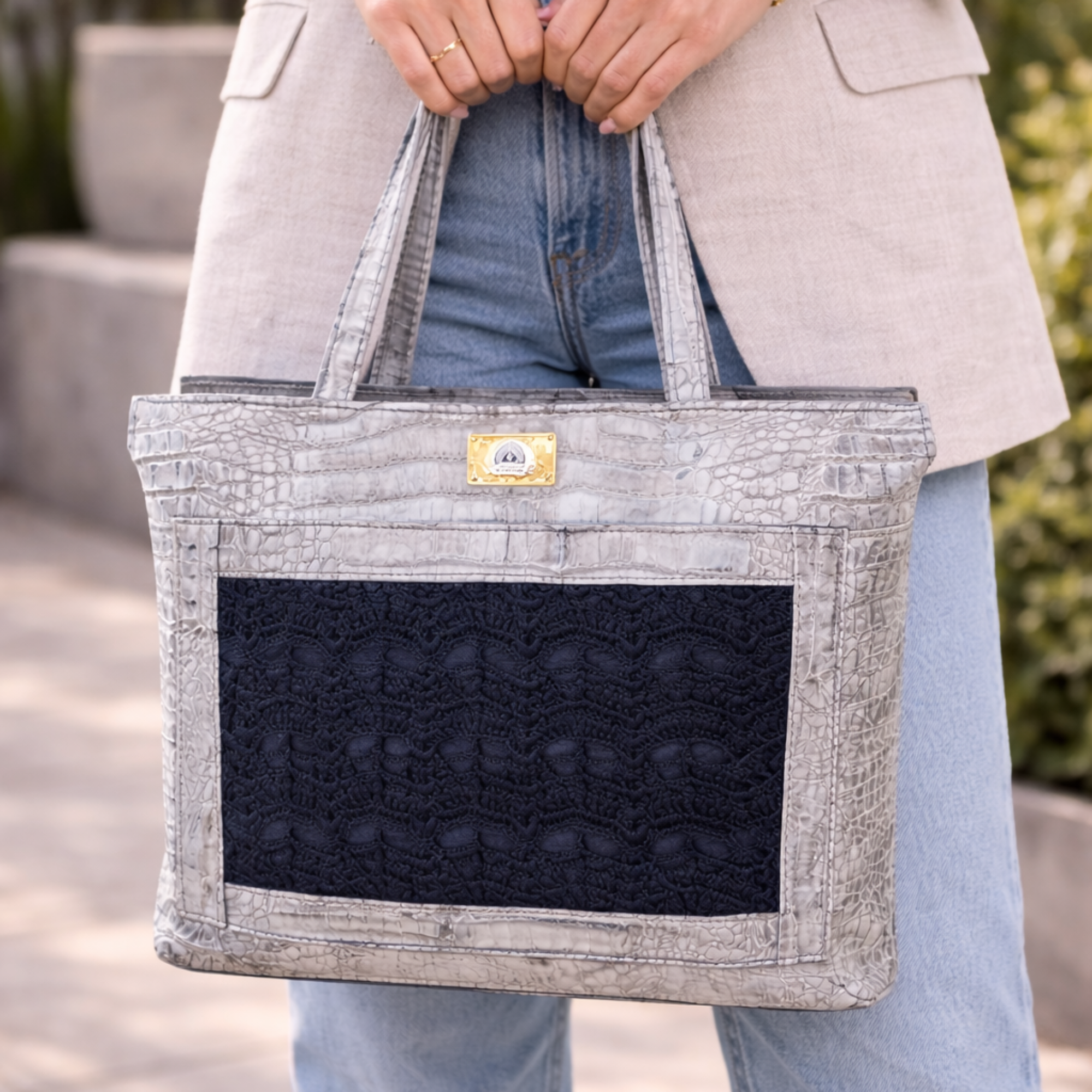 Luxe Crocodile-Embossed Tote Bag with Crochet– Elegant Structured Top-Handle Handbag - Image 4
