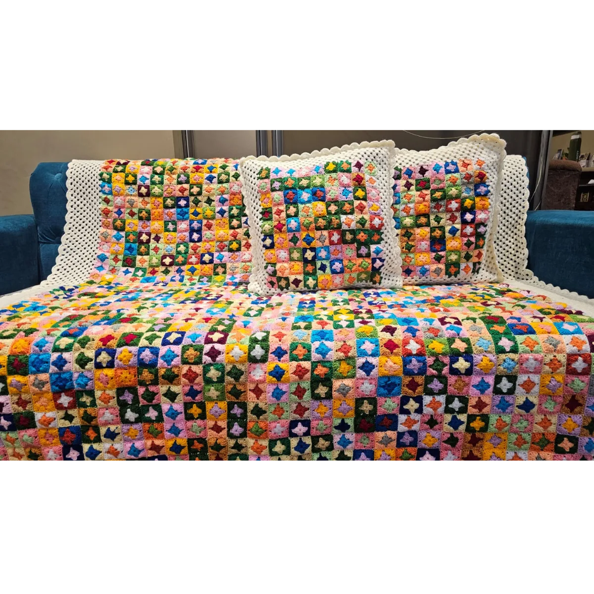 Pastel Mosaic Hand-Knitted Micro-Granny Square Crochet Throw & Pillow Set