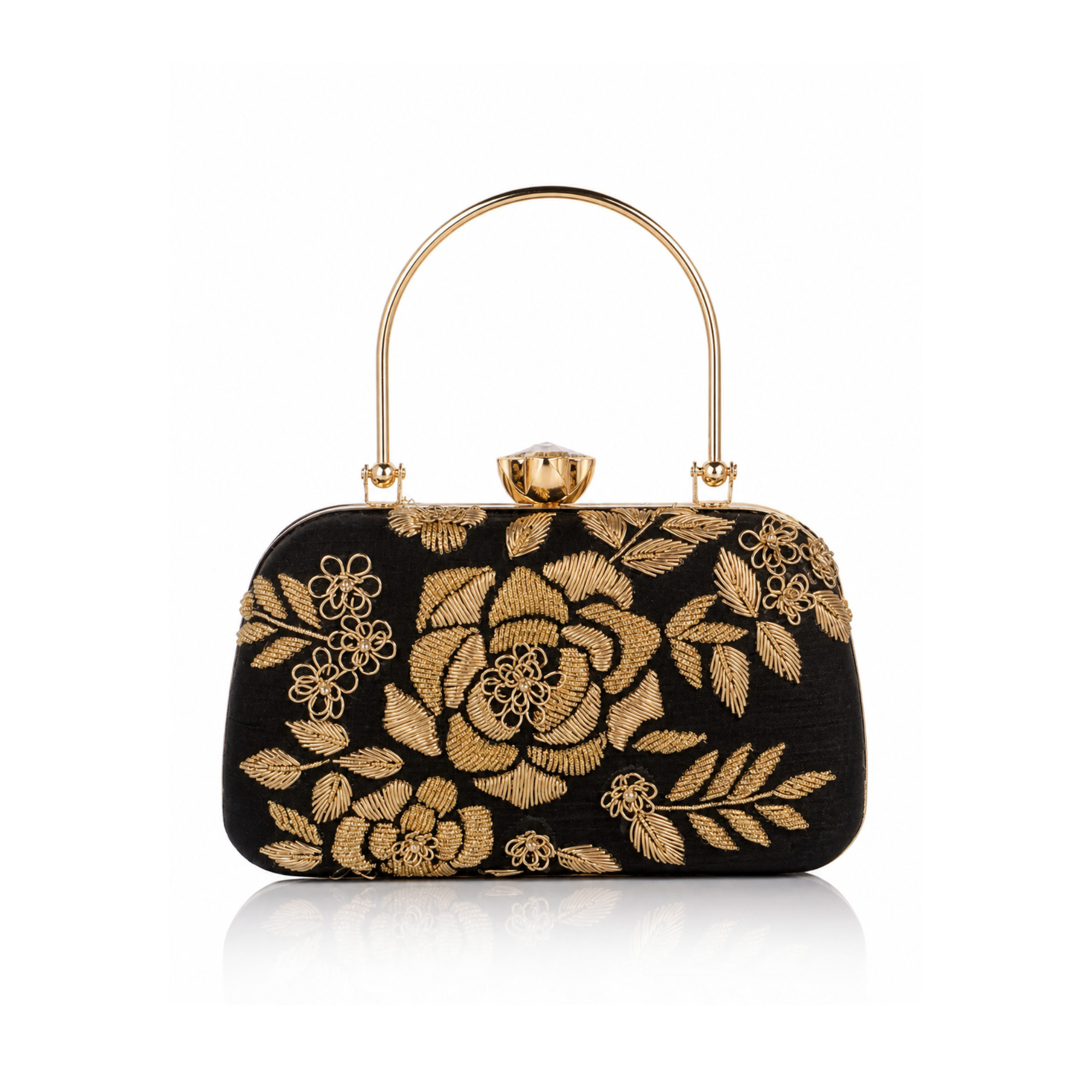  Noir Royale Embroidered Velvet Clutch with Gold Floral Detailing & Metal Handle - Image 2