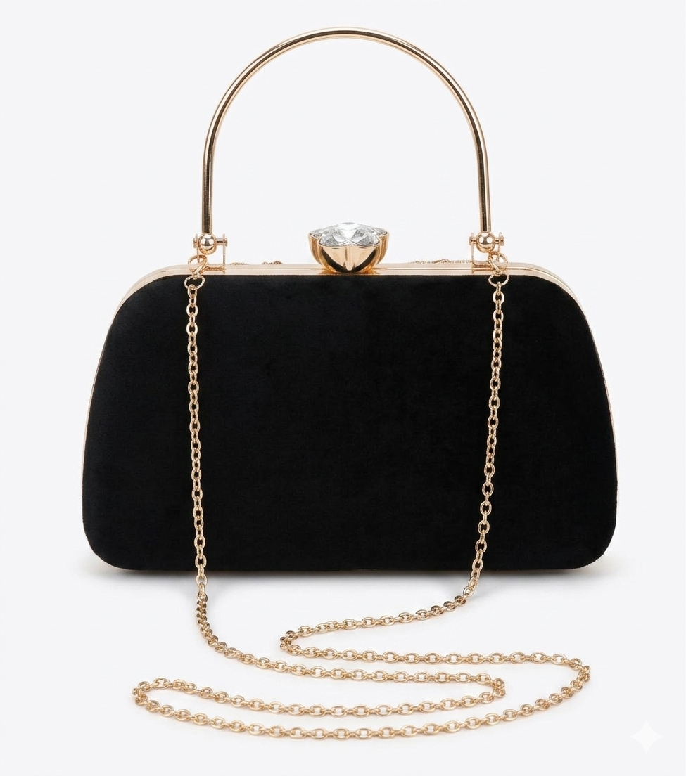  Noir Royale Embroidered Velvet Clutch with Gold Floral Detailing & Metal Handle - Image 5