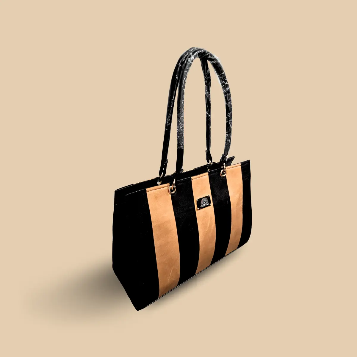Bold Vertical Stripe Tote Bag – Tan and Black Suede-Style Contrast Shoulder Bag - Image 2