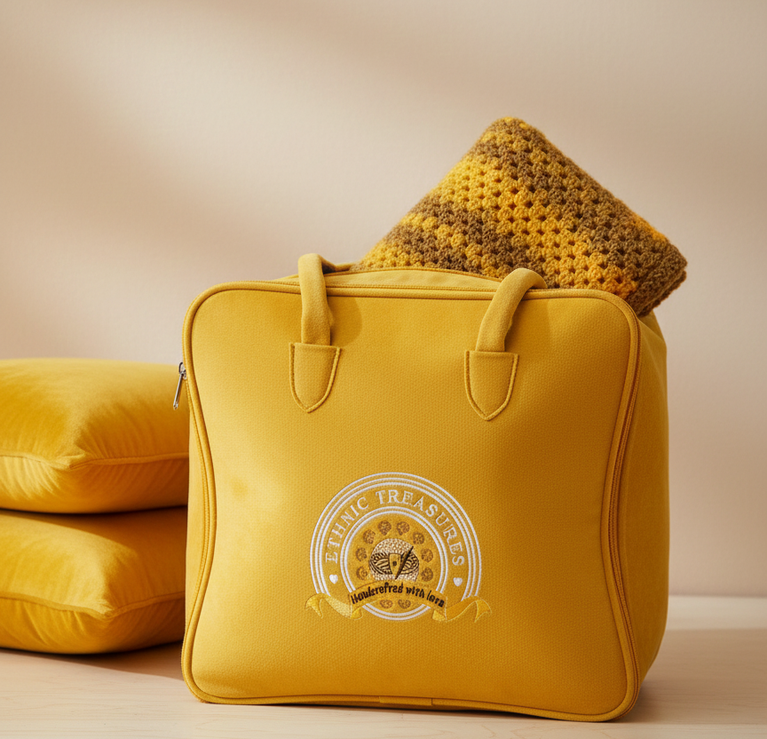 Golden Ochre Concentric Hand-Knitted Crochet Baby Throw with Velvet Pillows - Image 4