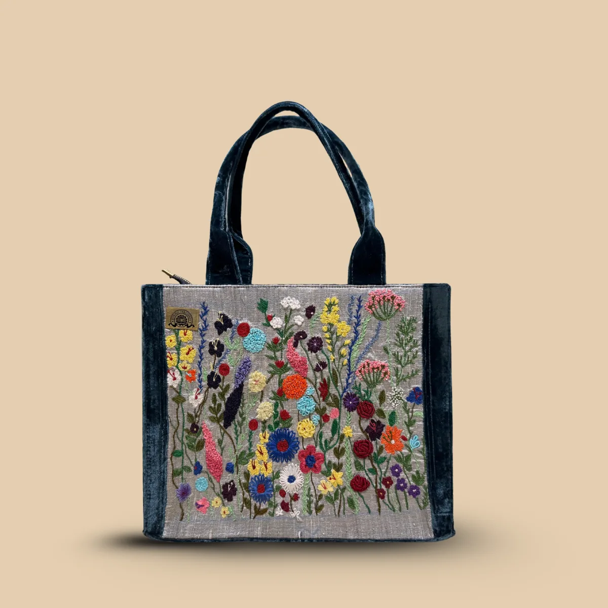 Grey Silk Tote Bag with Teal Velvet Accents and Exquisite Multicolor Wildflower