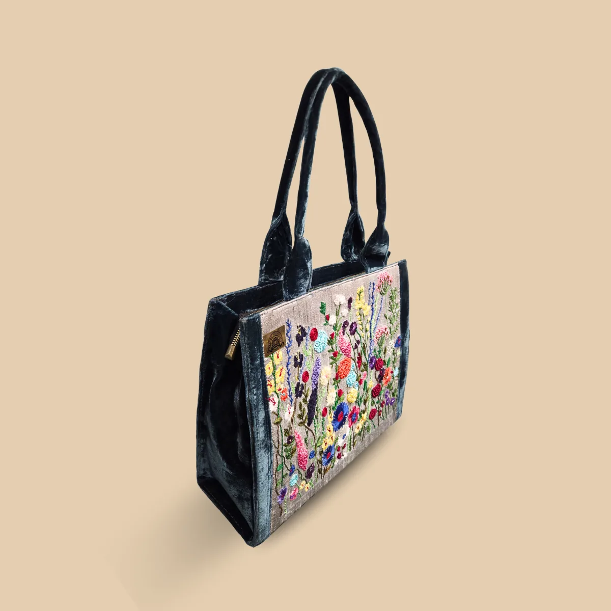Grey Silk Tote Bag with Teal Velvet Accents and Exquisite Multicolor Wildflower - Image 3