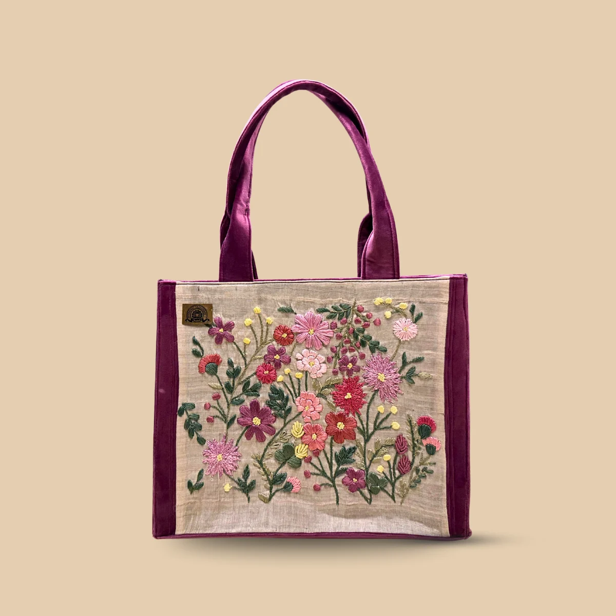 Beige Silk Tote Bag with Purple Velvet Accents and Multicolor Floral