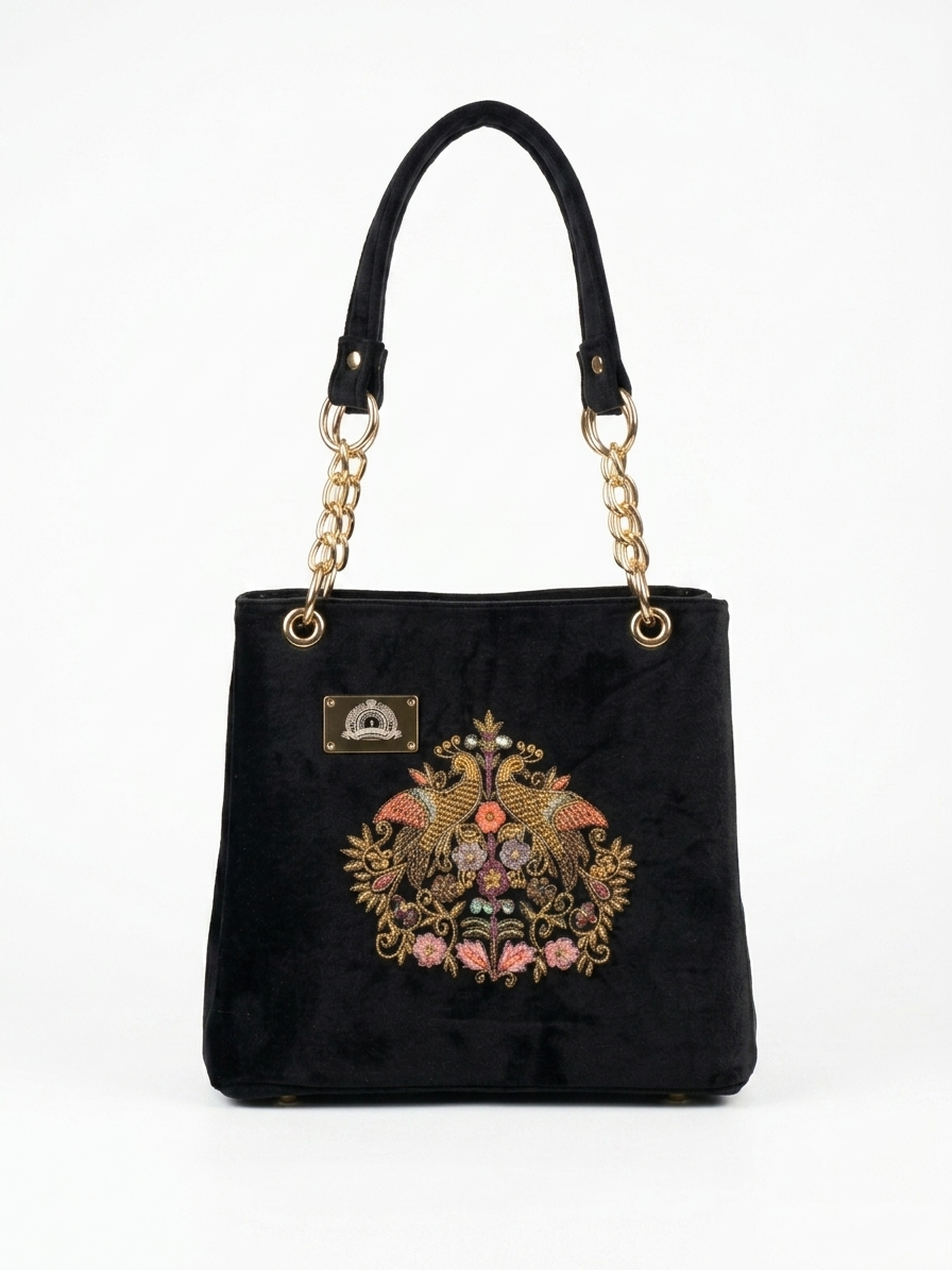 Majestic Peacock Velvet Embroidered Tote