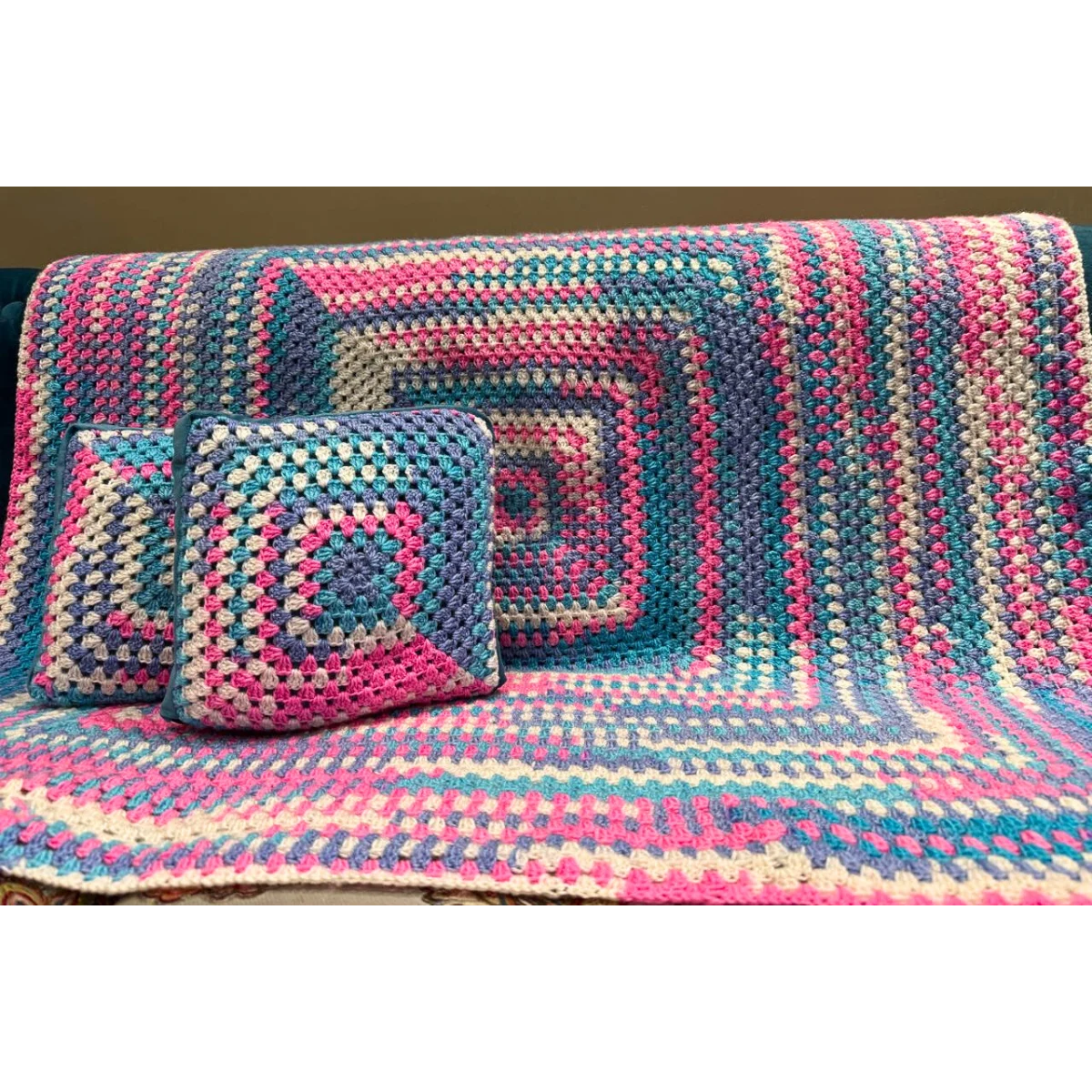 Ocean Breeze Hand-Knitted Concentric Granny Square Baby Throw with Teal Velvet Pillows - Image 2