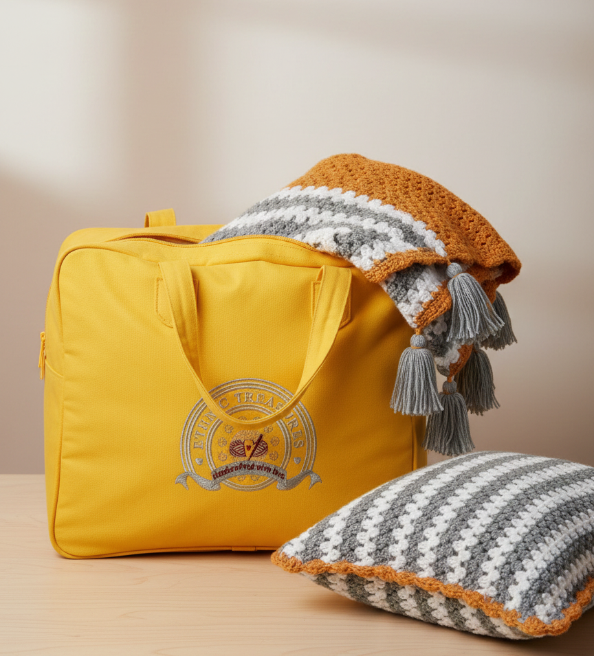 Handmade Grey & Ochre Striped Crochet Sofa Set – Textured Color-Block Throw with Decorative Tassels - Image 4