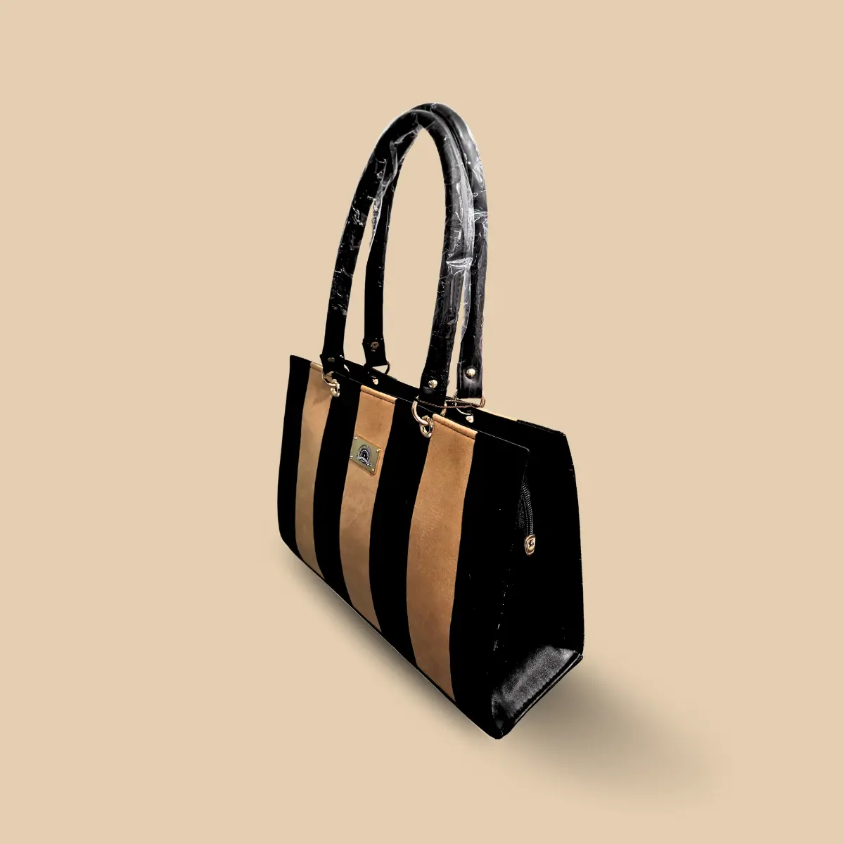 Bold Vertical Stripe Tote Bag – Tan and Black Suede-Style Contrast Shoulder Bag - Image 3