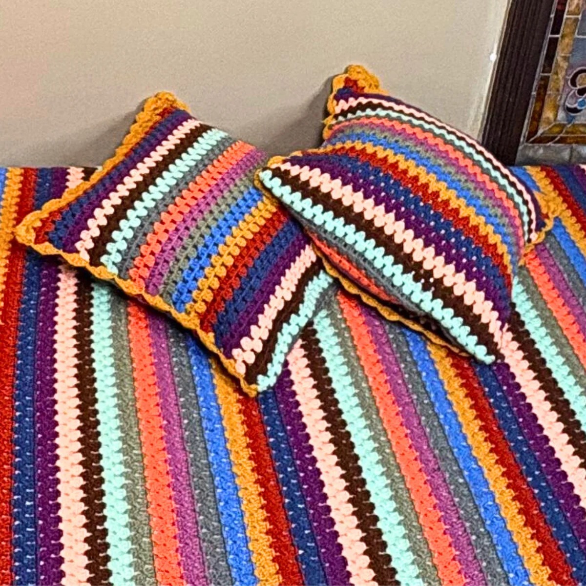 Bohemian Multi-Color Hand-Knitted Crochet Daybed Cover with Matching Pillows - Image 2