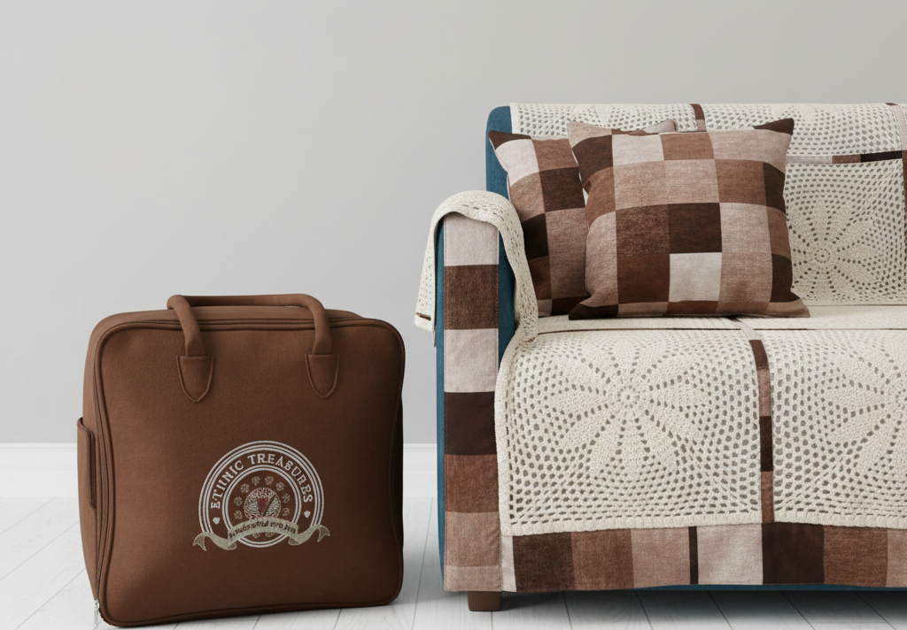 Handmade Cream Crochet Sofa Cover Set – Sunburst Lace Pattern with Brown Checkered Fabric Borders - Image 6