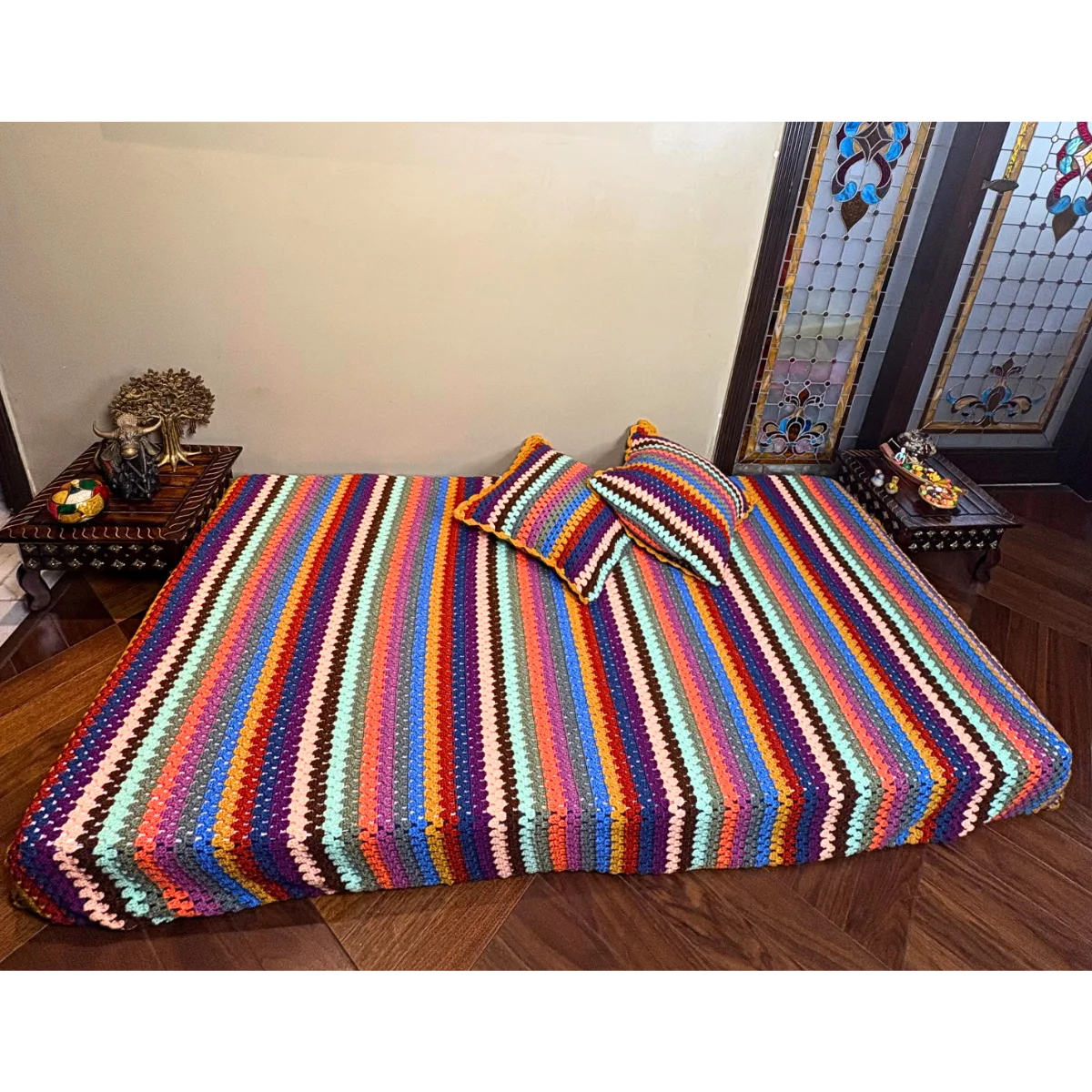 Bohemian Multi-Color Hand-Knitted Crochet Daybed Cover with Matching Pillows