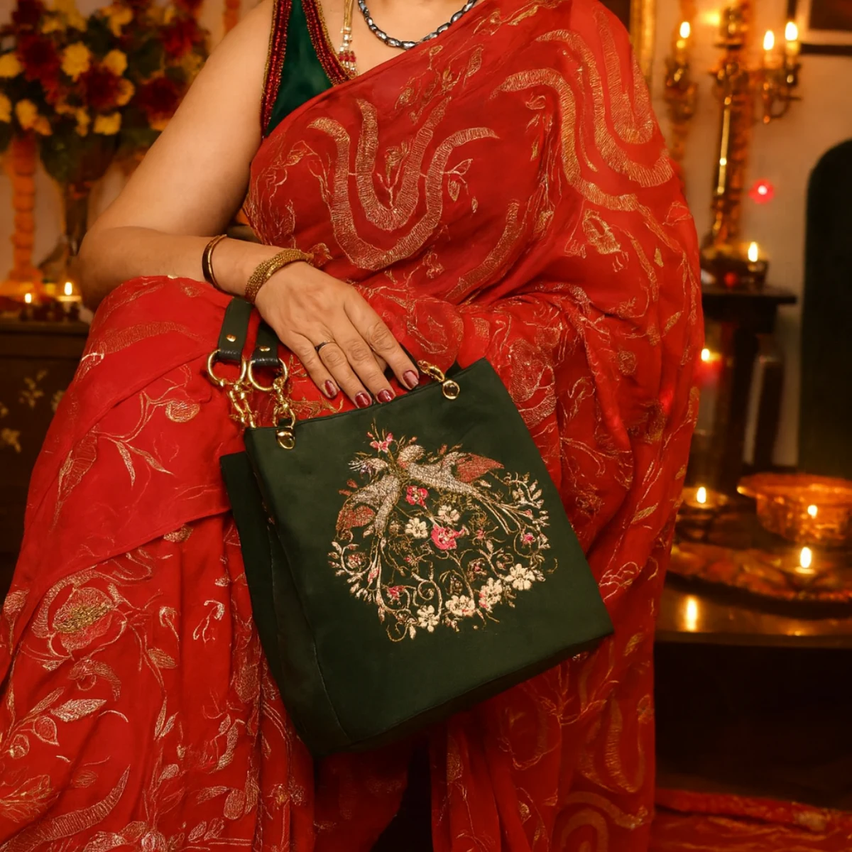 Emerald Green Twin Bird Embroidered Velvet Tote Bag - Image 5