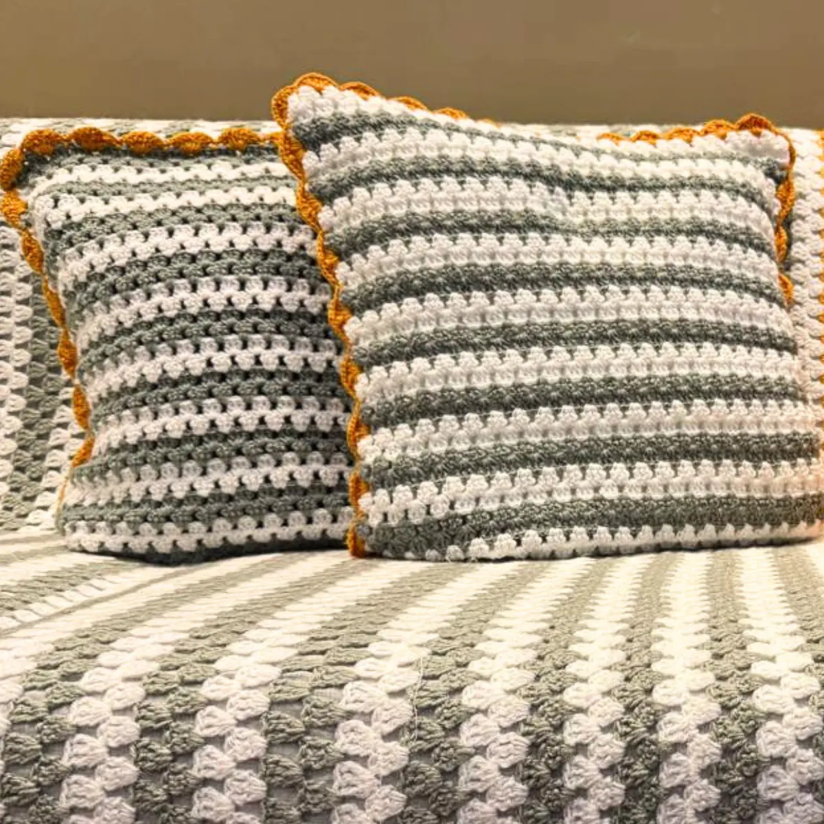 Handmade Grey & Ochre Striped Crochet Sofa Set – Textured Color-Block Throw with Decorative Tassels - Image 3