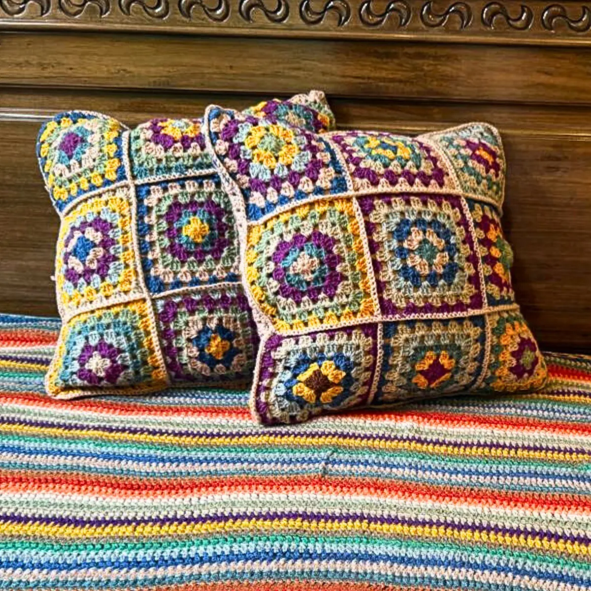 Handmade Vibrant Rainbow Stripe Crochet Bedspread Set – Multi-Colored Bed Throw with Matching Granny Square Cushion Covers - Image 3