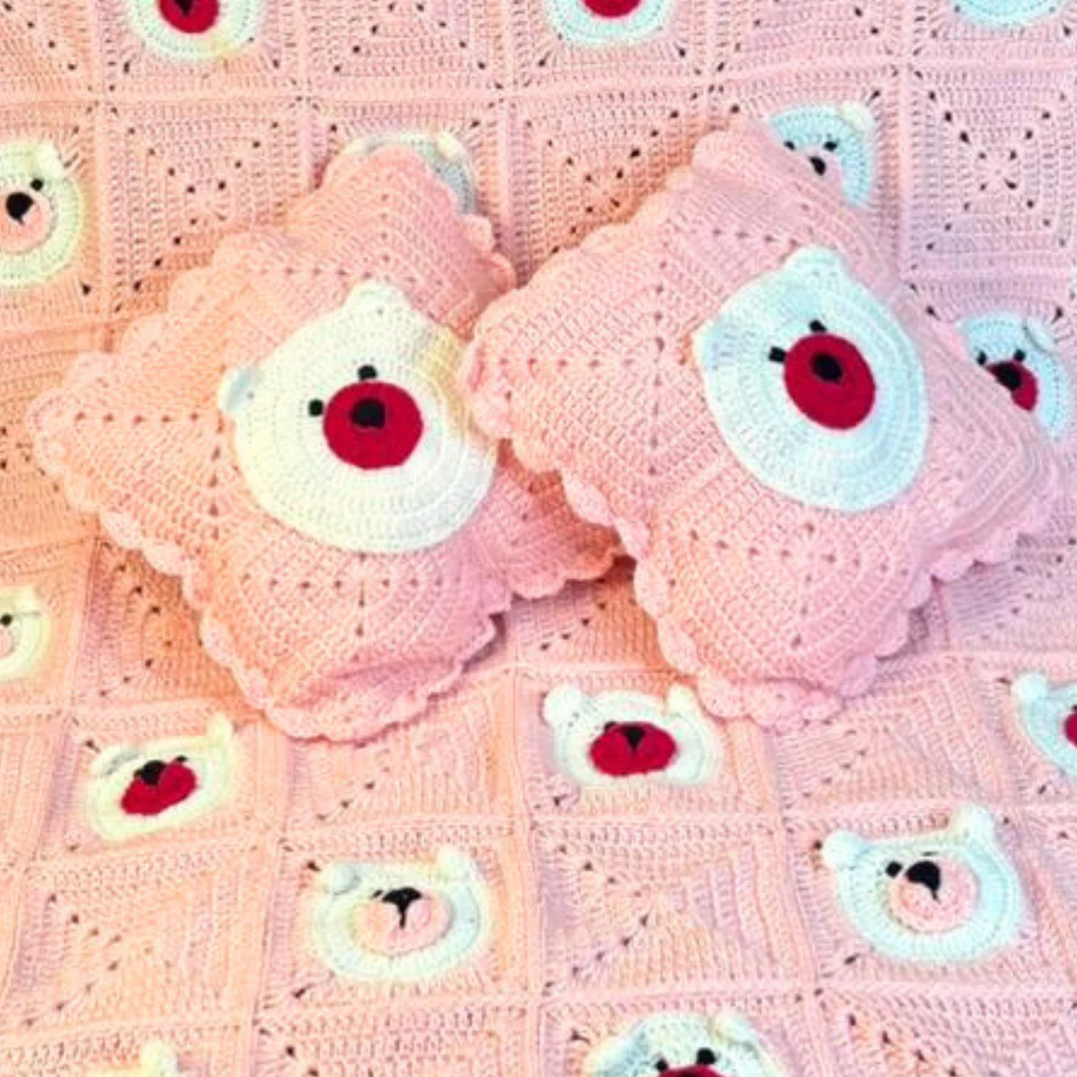 Polar Bear Patchwork Hand-Knitted Crochet Baby Throw & Pillow Set - Image 2