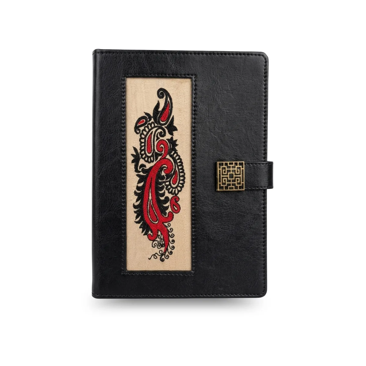 Premium Embroidered Faux Leather Executive Journal – A5 Hardcover Notebook with Decorative Metal Clasp, Black