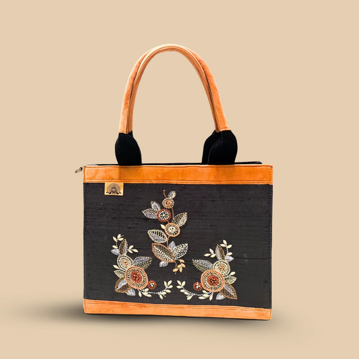 Black Silk Tote Bag with Tan Suede Accents and Intricate Floral Hand Embroidery