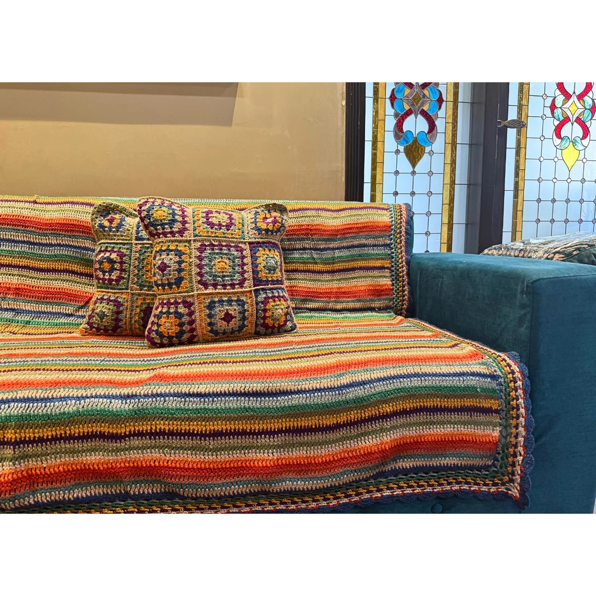 Handmade Vibrant Rainbow Stripe Crochet Bedspread Set – Multi-Colored Bed Throw with Matching Granny Square Cushion Covers - Image 2