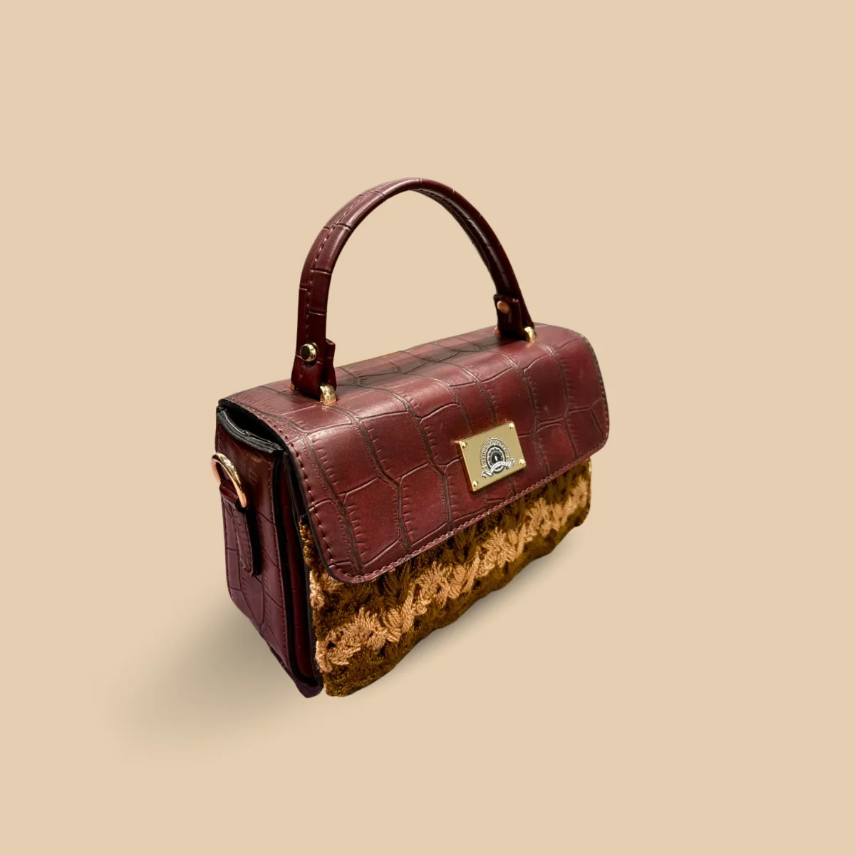 Luxury Croc-Embossed Top Handle Bag with Handcrafted Crochet Base – Elegant Maroon & Tan Satchel - Image 2