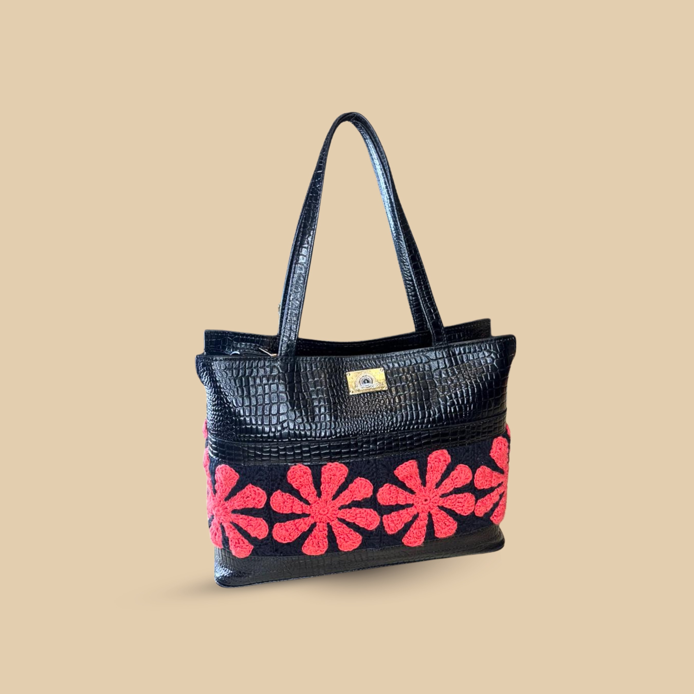 Luxury Embossed Crocodile Tote Bag for Women – Chic Black Handbag with Vibrant Red Crochet Floral Accents – Spacious Statement Shoulder Bag
