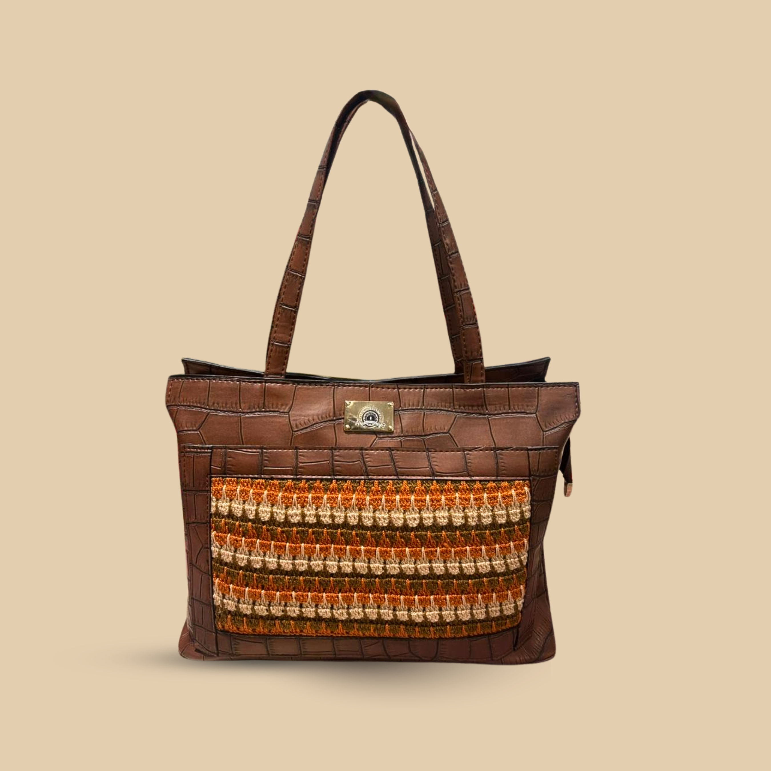 Handcrafted Croc-Embossed Faux Leather Tote Bag with Artisan Crochet Inlay – Earthy Brown & Terracotta