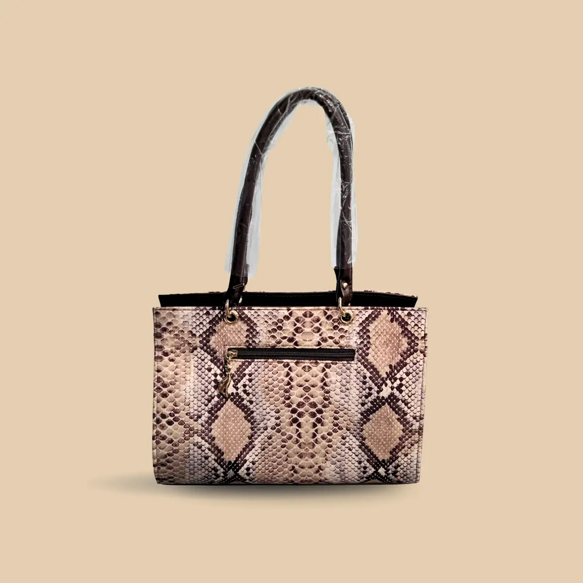 Chic Faux Snakeskin Embossed Tote Bag – Neutral Python Print Shoulder Bag with Gold Hardware - Image 4