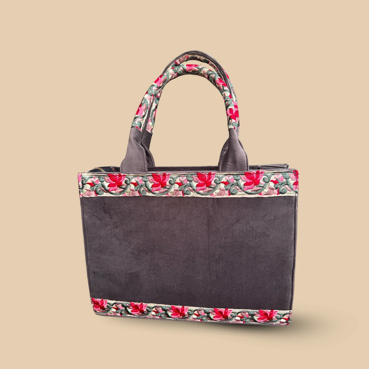Grey Velvet Tote Bag with Floral Embroidered Trim and Multicolor - Image 2