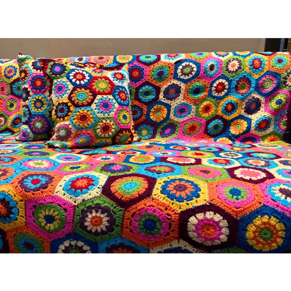Kaleidoscope Hexagon Hand-Knitted Crochet Bedspread & Pillow Set - Image 2