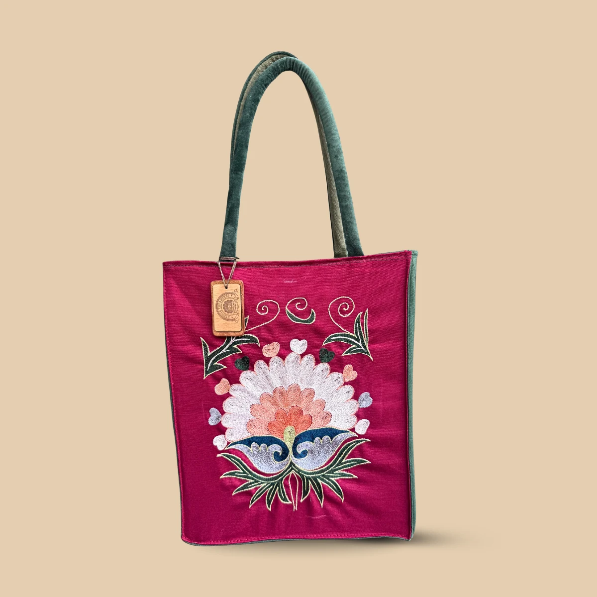 Magenta Silk Tote Bag with Teal Velvet Handles and Peacock Floral