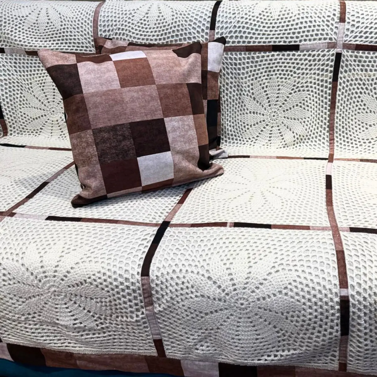 Handmade Cream Crochet Sofa Cover Set – Sunburst Lace Pattern with Brown Checkered Fabric Borders - Image 4