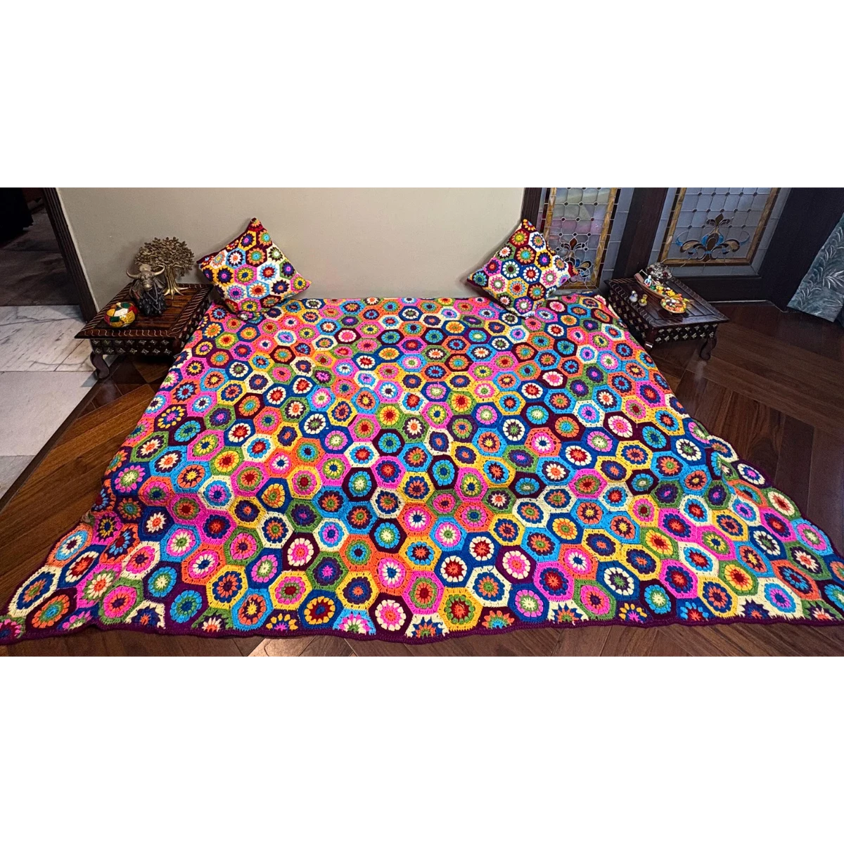 Kaleidoscope Hexagon Hand-Knitted Crochet Bedspread & Pillow Set