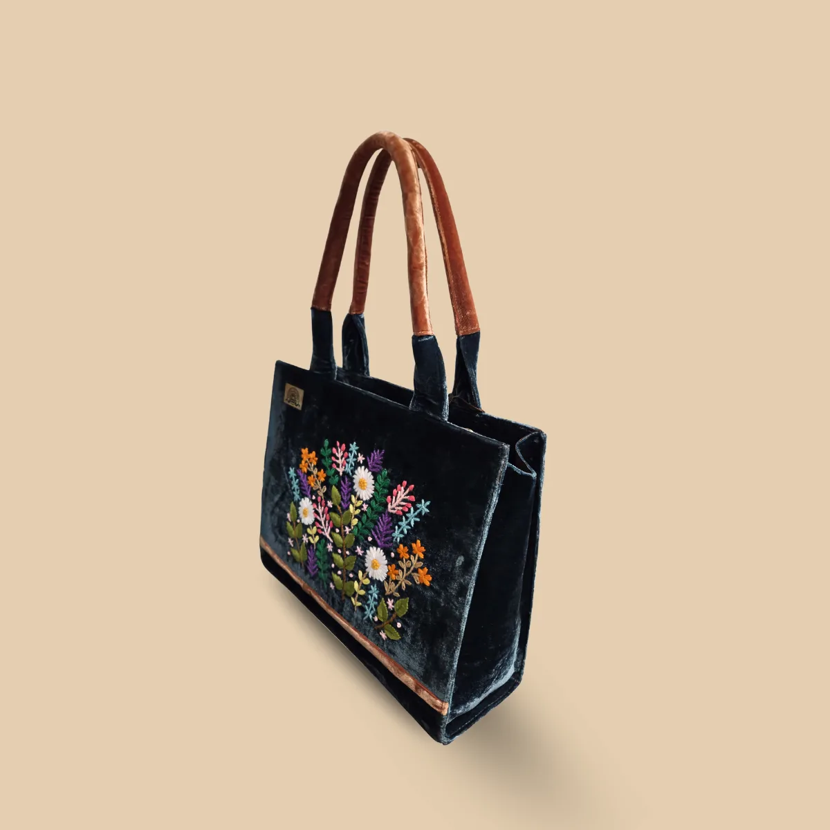 Teal Blue Velvet Tote Bag with Coral Accents and Vibrant Wildflower - Image 3