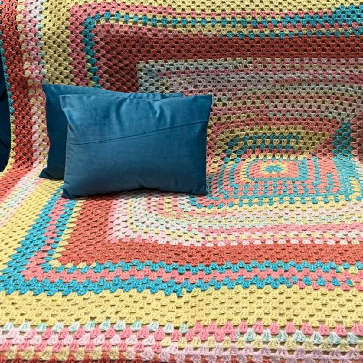 Sunny Skies Hand-Knitted Giant Granny Square Baby Throw with Velvet Pillows - Image 3