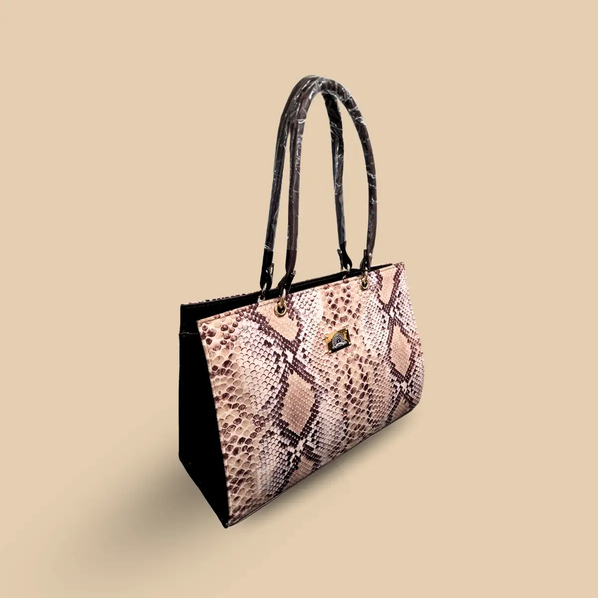 Chic Faux Snakeskin Embossed Tote Bag – Neutral Python Print Shoulder Bag with Gold Hardware - Image 2