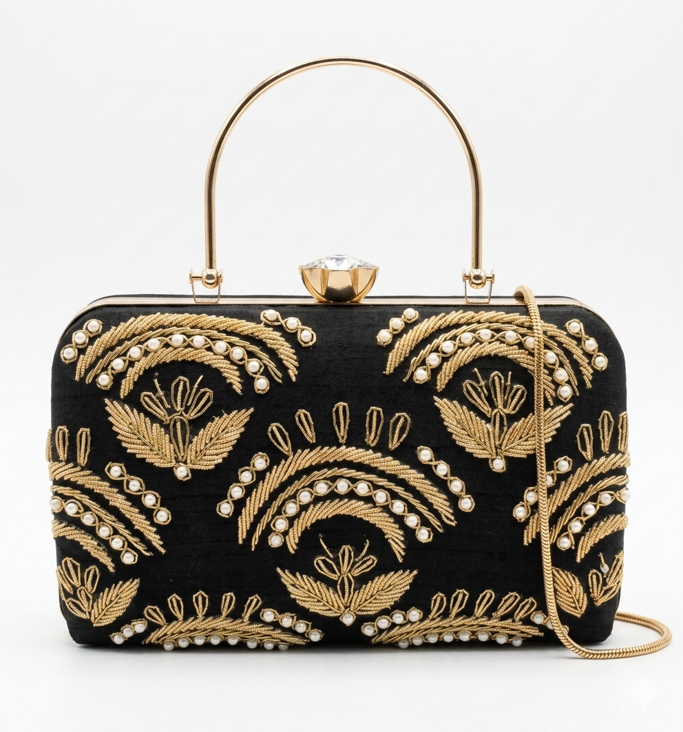 Black Velvet Embroidered Clutch with Gold Detailing & Pearl Work | Luxury Hard Case Evening Bag with Chain Sling & Metal Handle - Image 4