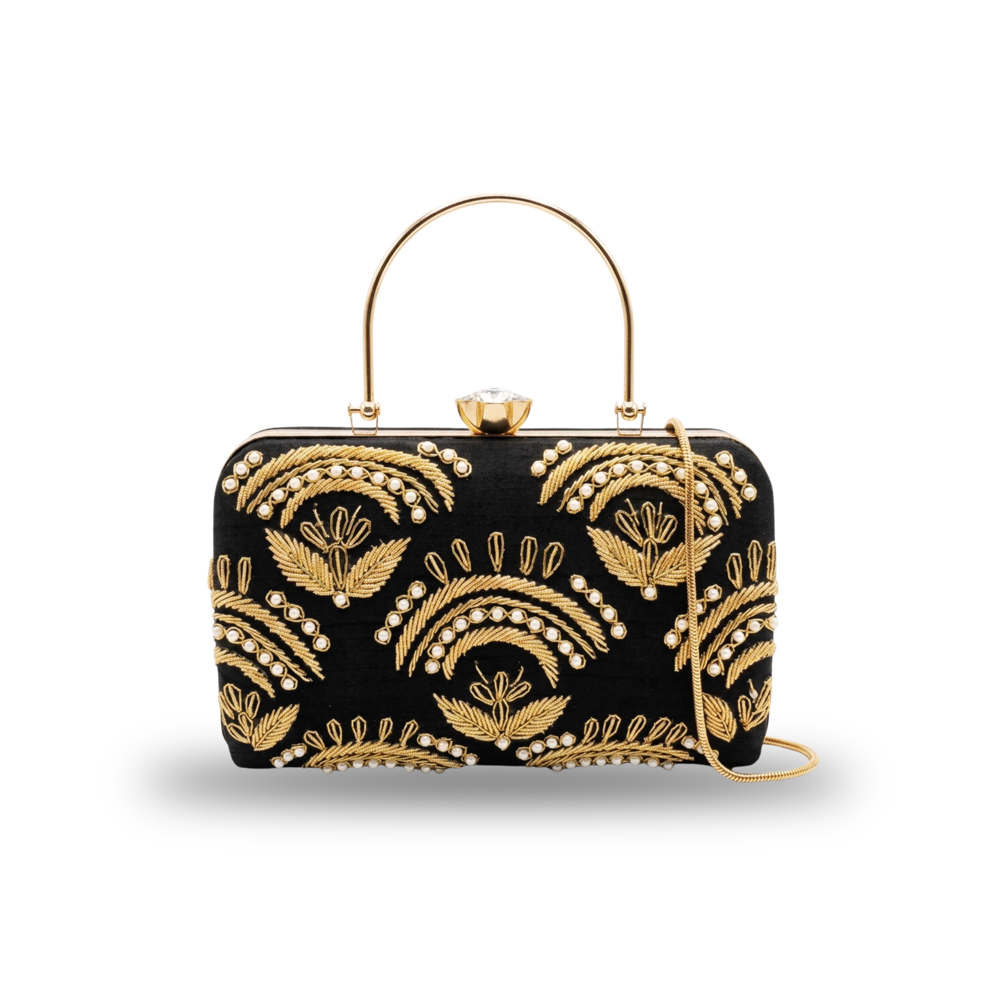 Black Velvet Embroidered Clutch with Gold Detailing & Pearl Work | Luxury Hard Case Evening Bag with Chain Sling & Metal Handle
