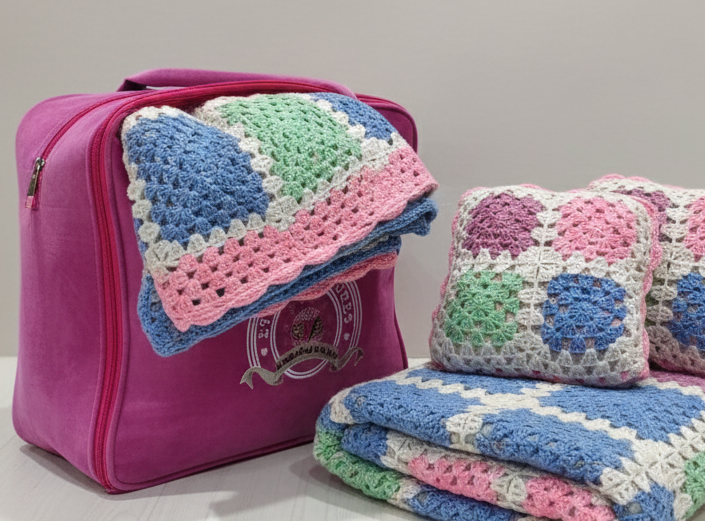 Sweet Dreams Hand-Knitted Pastel Granny Square Baby Throw & Pillow Set - Image 4