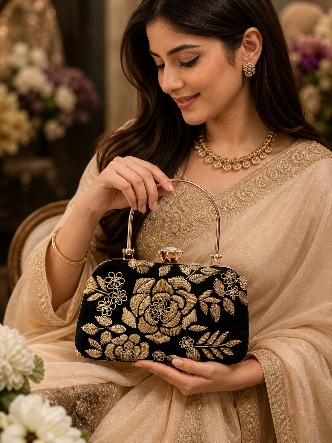  Noir Royale Embroidered Velvet Clutch with Gold Floral Detailing & Metal Handle