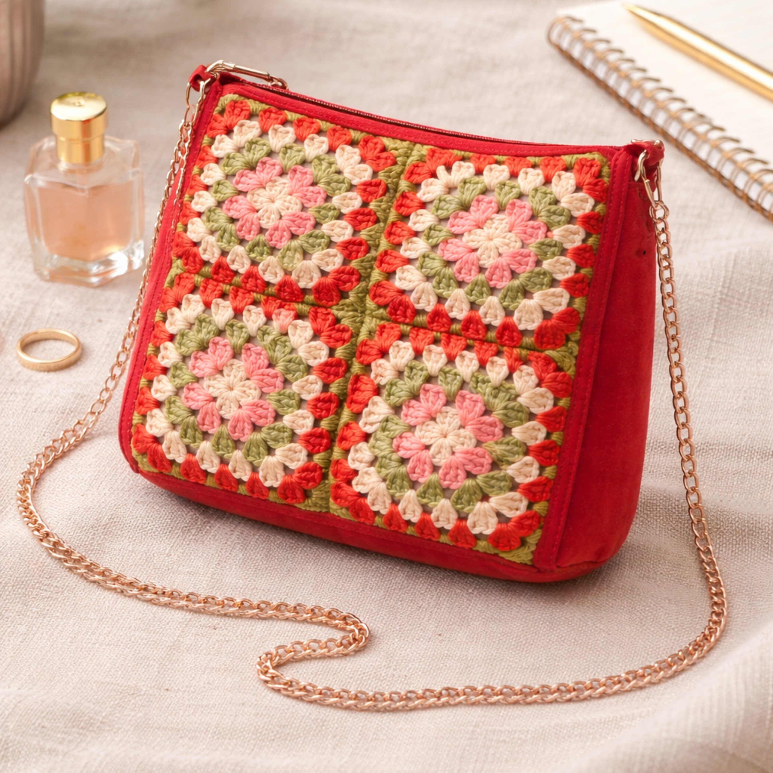 Hand Crochet Red Granny Square Crossbody Bag – Boho Chic Zippered Shoulder Bag with Silver Chain Strap – Multicolor Floral Vintage Style - Image 6