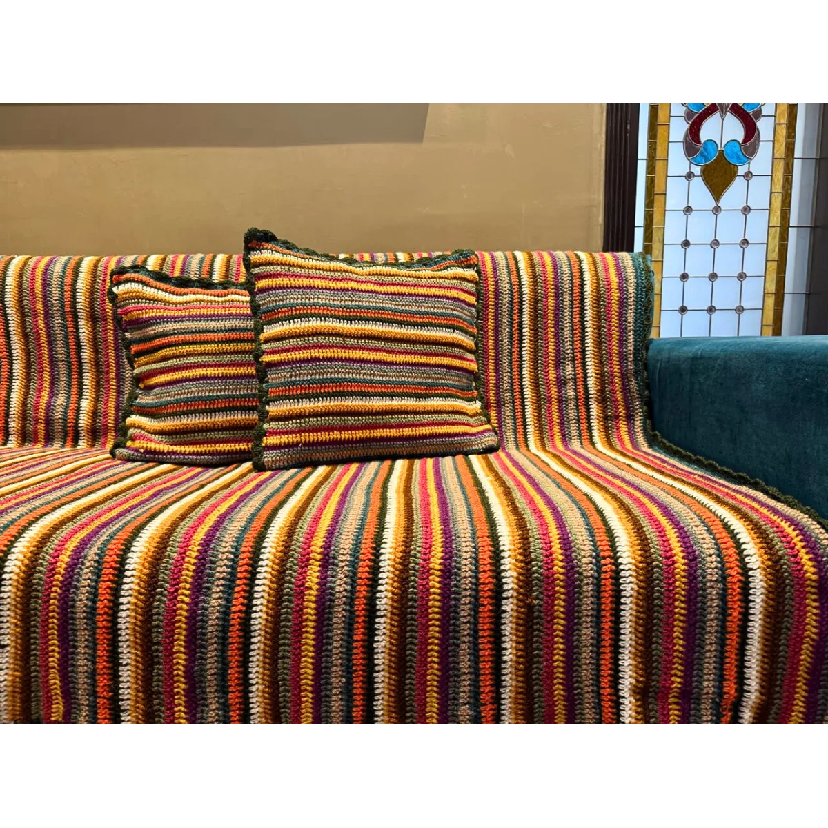 Handmade Autumn Earth Tone Crochet Throw Set – Striped Bohemian Blanket with Scalloped Sage Green Border