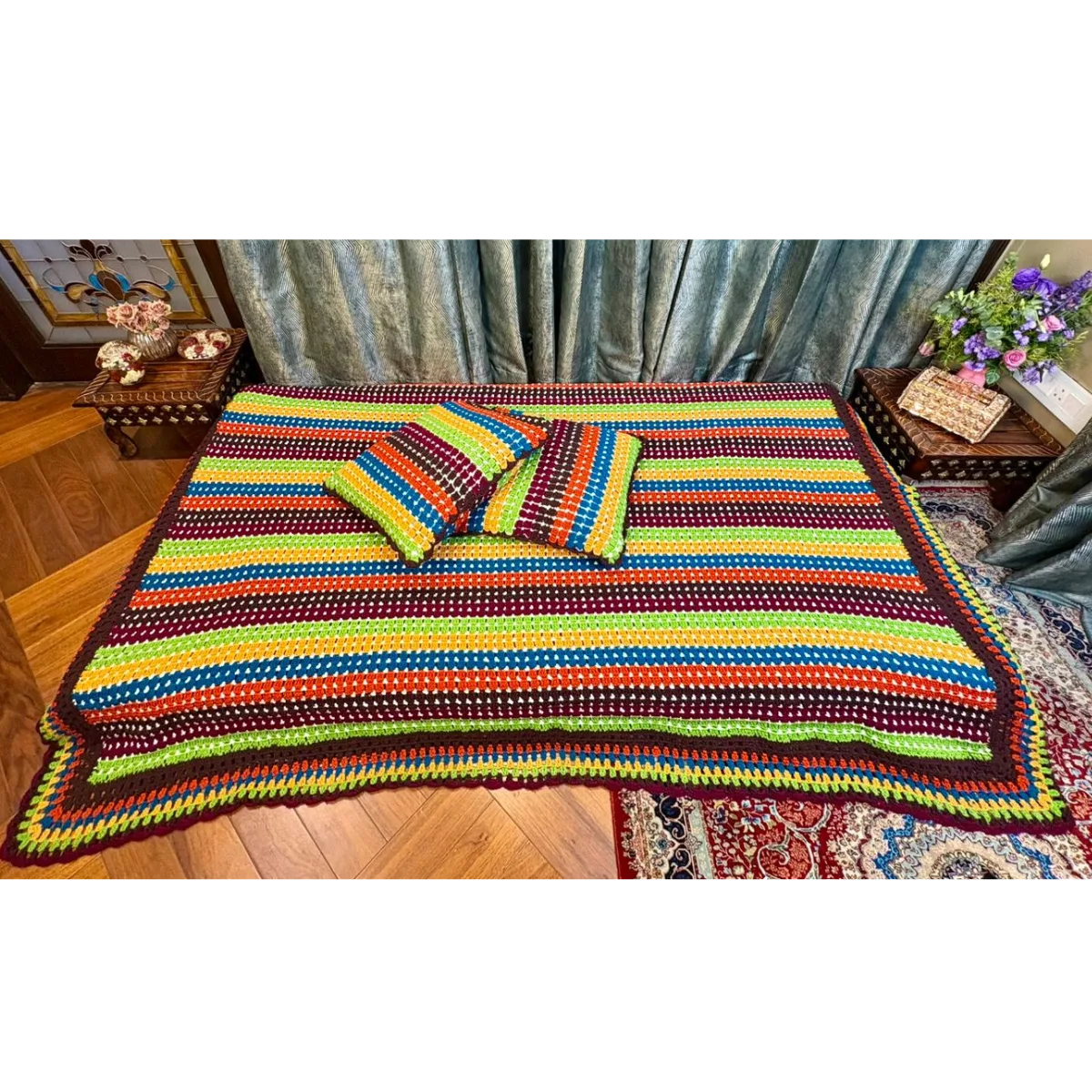 Autumn Harvest Hand-Knitted Crochet Throw Blanket with Matching Pillows