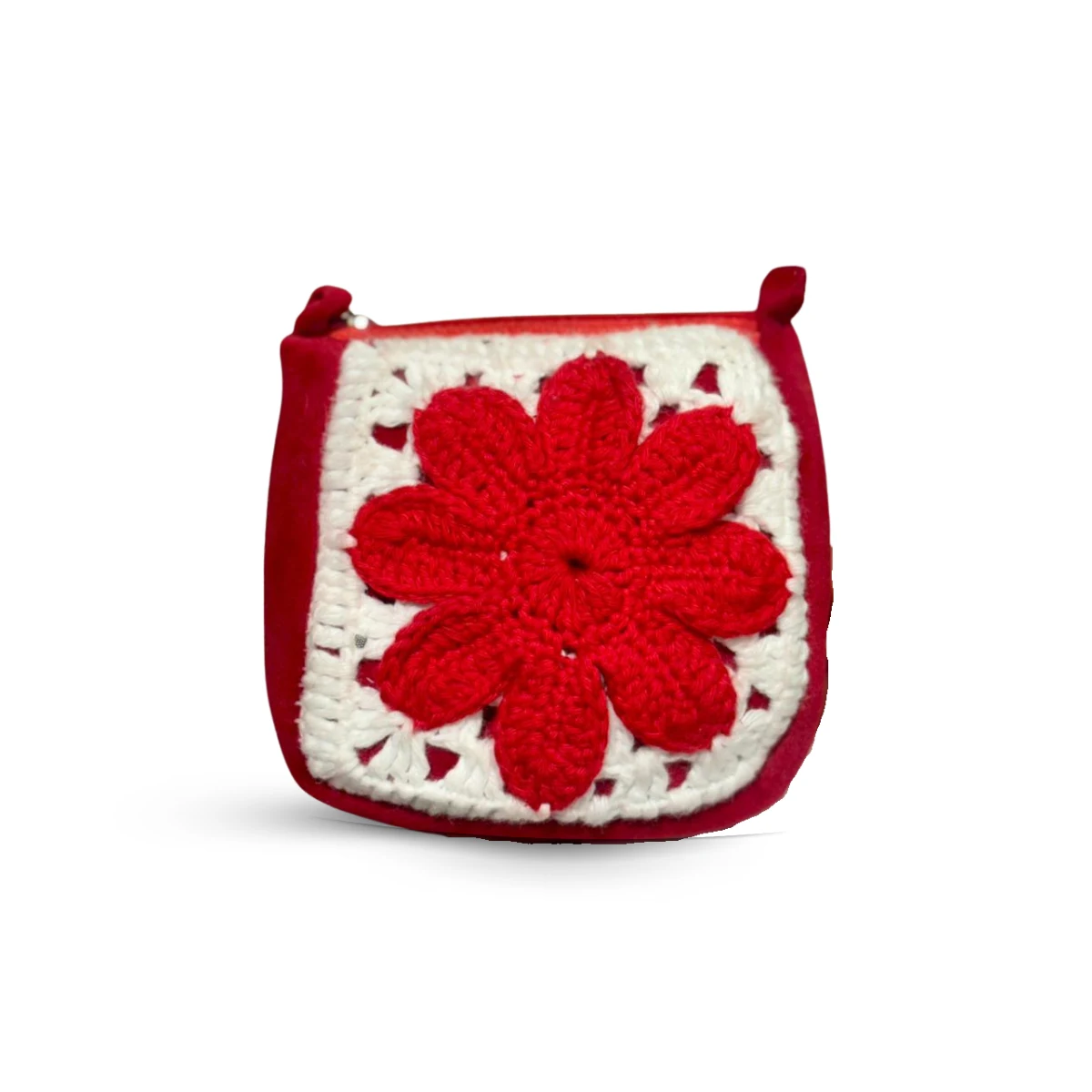 Hand-Crocheted Red Floral Granny Square Coin Purse
