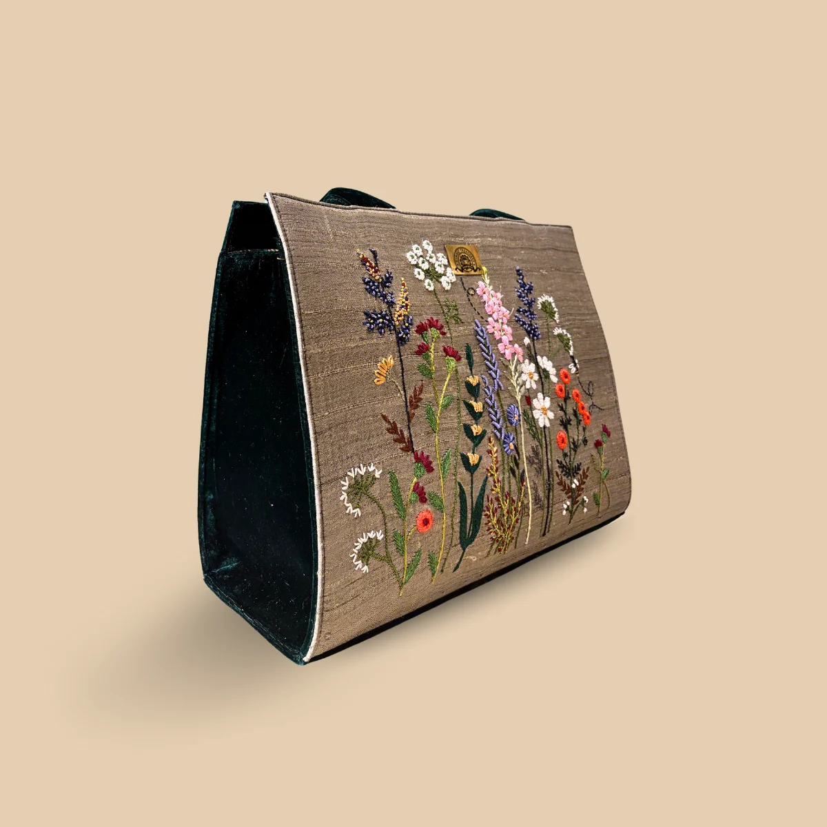 Beige Silk Tote Bag with Forest Green Velvet Handles and Multicolor Wildflower - Image 3