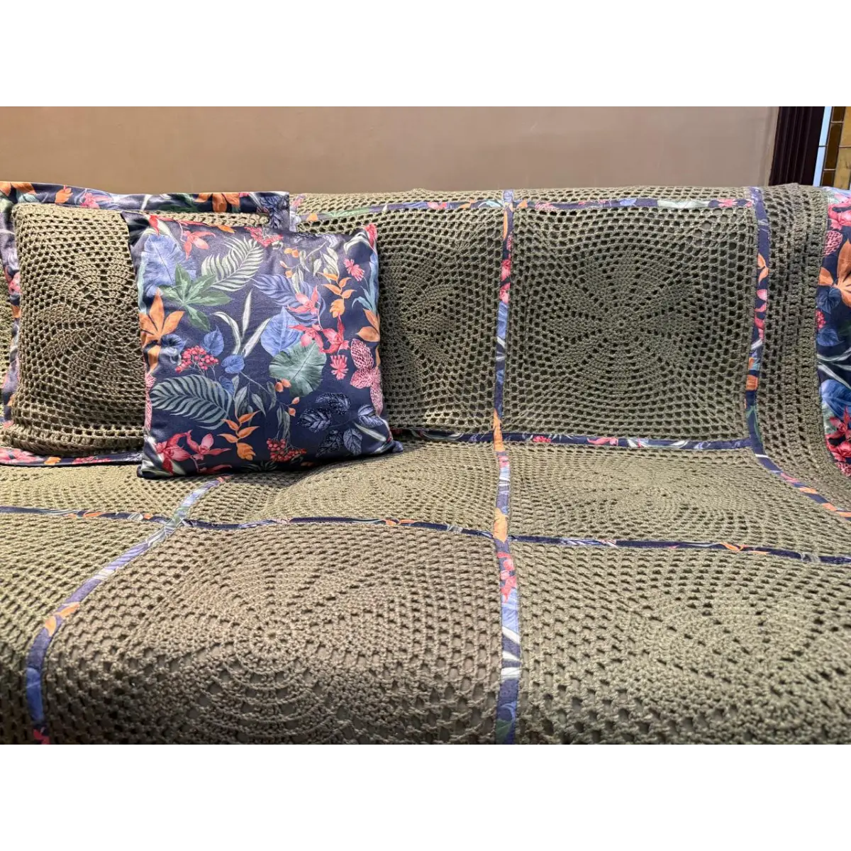 Handmade Olive Green Crochet Sofa Throw Set – Sunburst Pattern with Tropical Floral Fabric Borders
