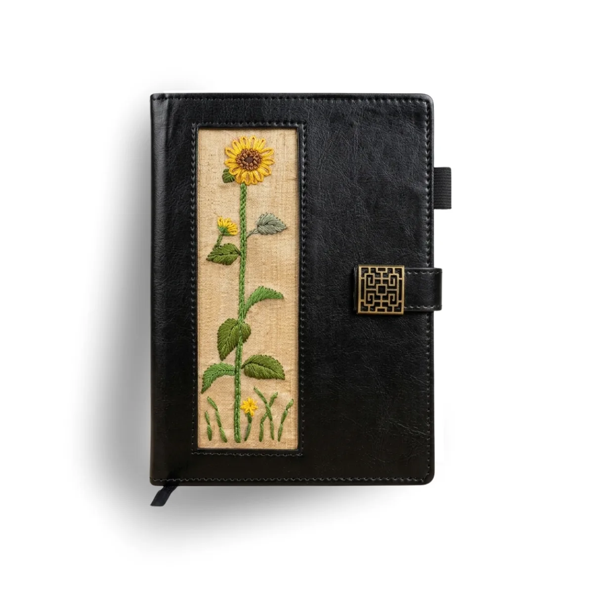 Premium Artisan Embroidered Sunflower Journal – Handcrafted Faux Leather Notebook with Antique Geometric Buckle – Elegant A5 Daily Planner for Writing, Sketching, and Bullet Journaling