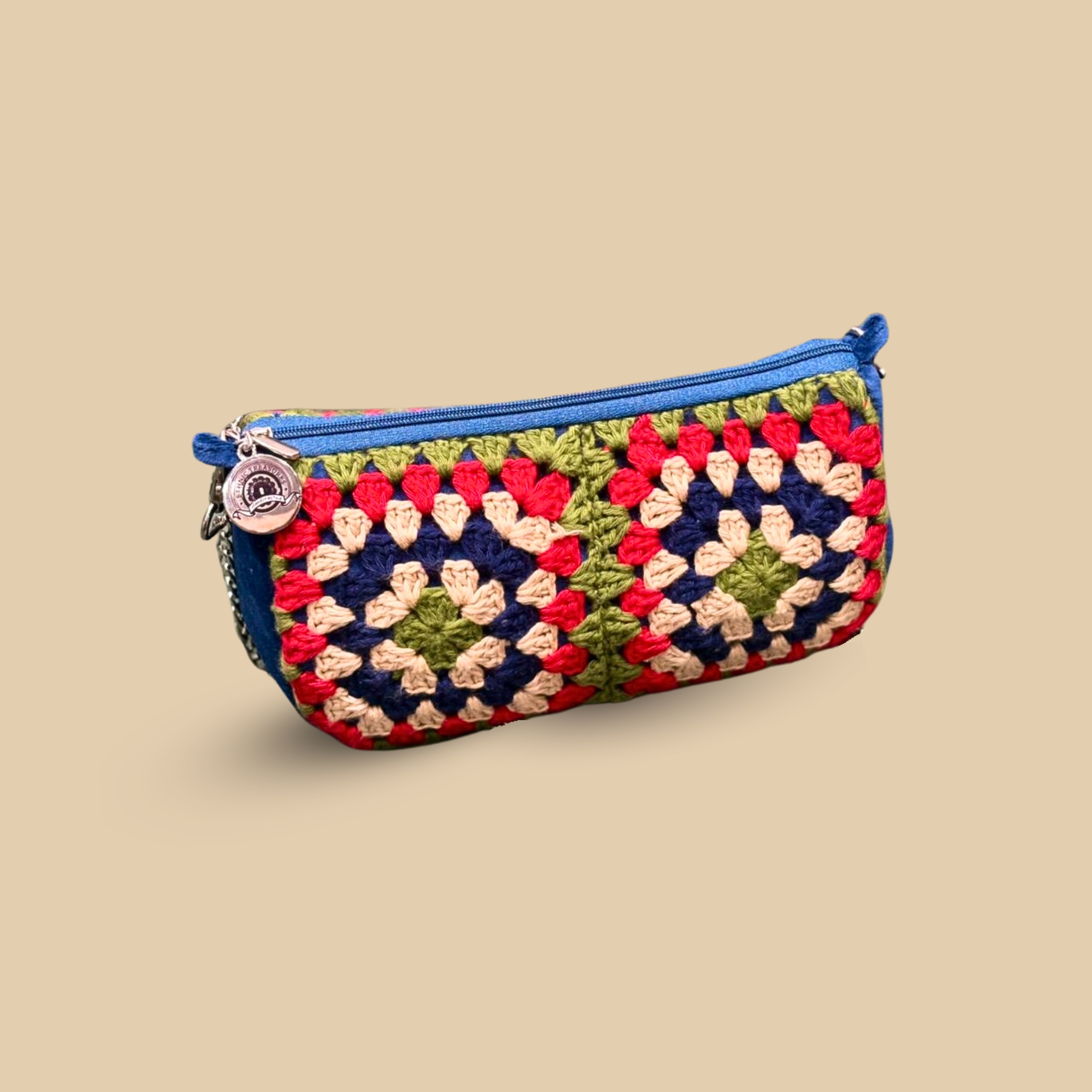 Handmade Blue Crochet Granny Square Crossbody Bag – Retro Chic Sling Purse with Silver Chain Strap & Secure Zipper - Image 3