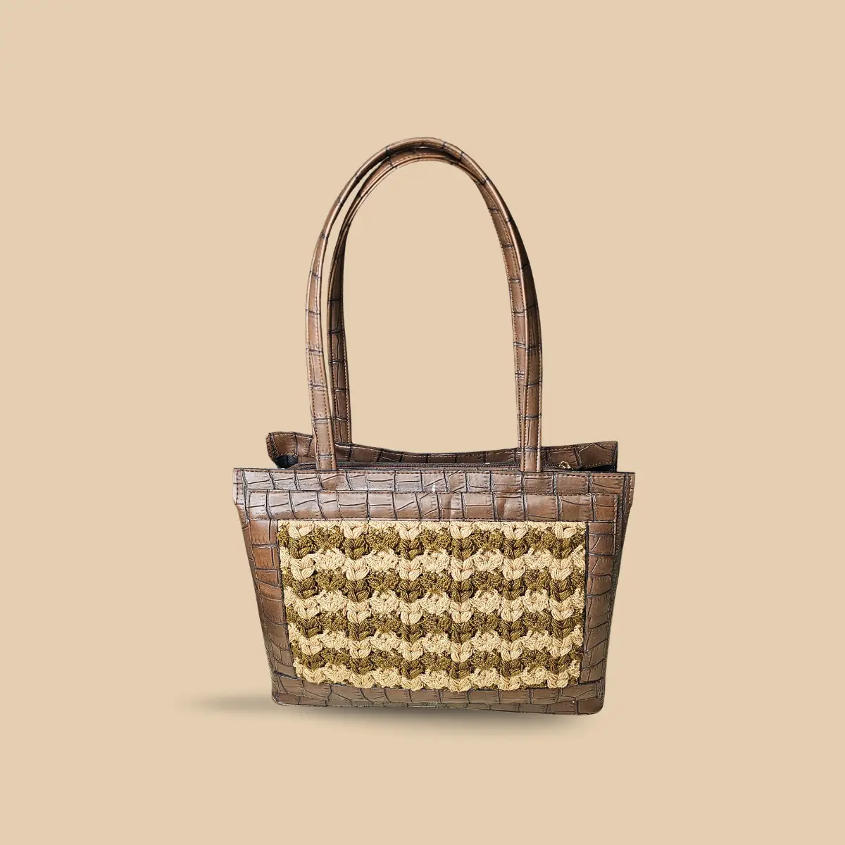 Olive Weave Crochet Panel Tote Bag - Image 4